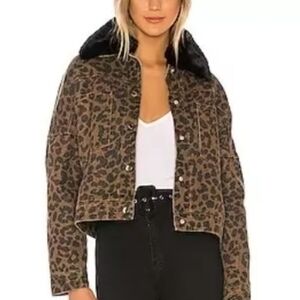 Superdown Cici Snap Front Leopard Print Jacket Faux Fur Collar XS